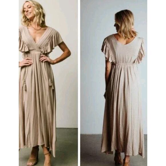 Baltic Born Womens Jennifer Deep V Flutter Sleeve Maxi Dress 3XL XXXL Boho Beige - Picture 2 of 14